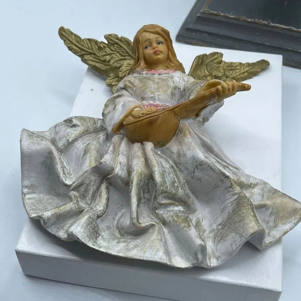 Vintage Fontanini Italy wall hanging angel in a white dress guitar.